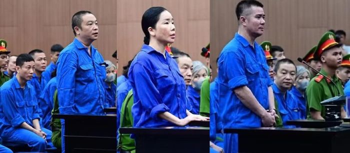 Từ trái qua, các bị cáo: Trần Văn Trường (cựu Viện trưởng VPYTTT.Ư), Nguyễn Thị Mai Anh và Lê Văn Đông.