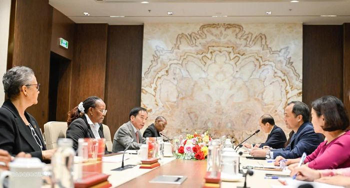 Đoàn Đảng Mặt trận Giải phóng Mozambique (FRELIMO) có cuộc làm việc với đồng chí Hoàng Trung Dũng, Ủy viên Trung ương Đảng, Phó Trưởng Ban Thường trực, Ban Tổ chức Trung ương. (Ảnh: Nguyễn Hồng)