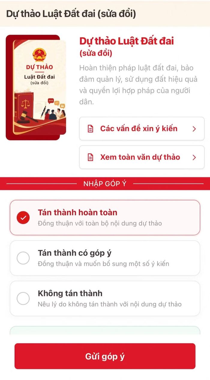 Dự thảo Luật Đất đai (sửa đổi) đã được đưa lên ứng dụng VNeID để người dân nghiên cứu, góp ý với 8 nhóm vấn đề trọng tâm. Ảnh chụp màn hình.