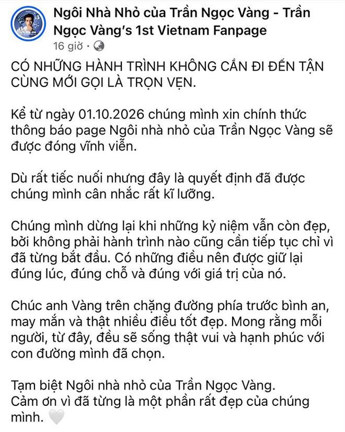 Trang người hâm mộ của Trần Ngọc Vàng thông báo đóng cửa. Ảnh: Chụp màn hình