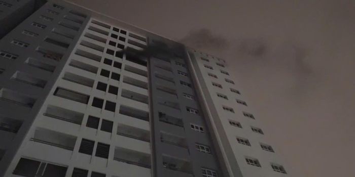 Khói đen bốc ra từ căn hộ tầng 11 chung cư Conic Boulevard. Ảnh: HC