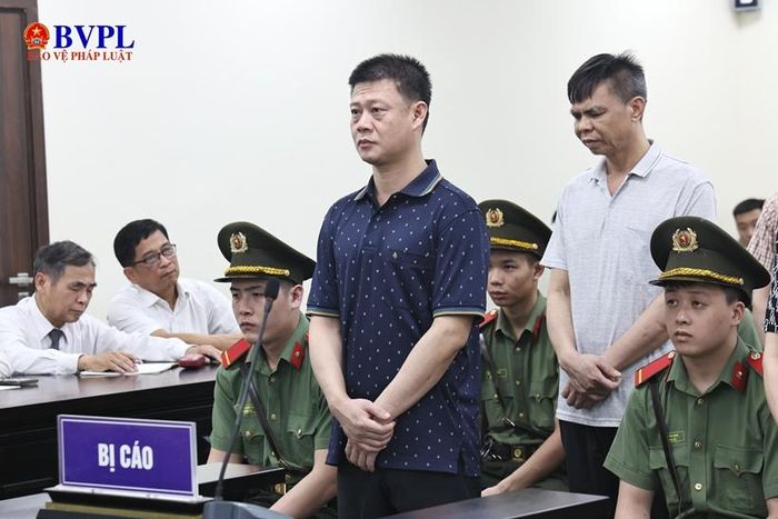 Bị cáo Đinh Tiến Hùng (áo phông đen chấm) cùng các bị cáo đứng nghe Hội đồng xét xử tuyên án. Ảnh: H.Nguyên.