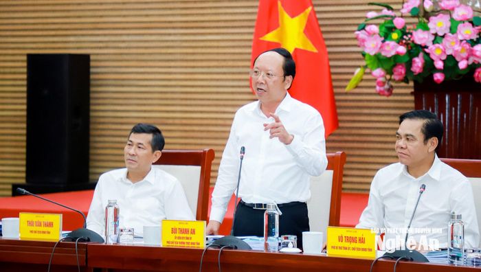 Đồng chí Bùi Thanh An - Ủy viên Ban Thường vụ Tỉnh ủy, Phó Chủ tịch Thường trực UBND tỉnh phát biểu tại cuộc làm việc. Ảnh: Thành Duy