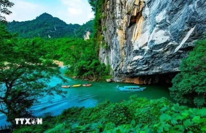 Cảnh vật bên ngoài cửa động Phong Nha (Vườn Quốc gia Phong Nha – Kẻ Bàng) đẹp như một bức tranh. (Ảnh: TTXVN phát)