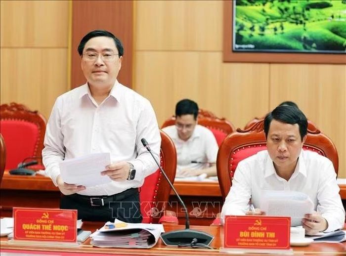 Trưởng Ban nội chính Tỉnh ủy Phú Thọ Quách Thế Ngọc, phát biểu ý kiến tại buổi làm việc. Ảnh: Tạ Toàn/TTXVN