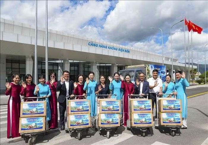 Sản phẩm mắc ca Điện Biên được đưa ra khu vực Cảng hàng không Điện Biên, sẵn sàng theo các chuyến bay của Vietnam Airlines đến với người tiêu dùng và du khách. Ảnh: Xuân Tư/TTXVN