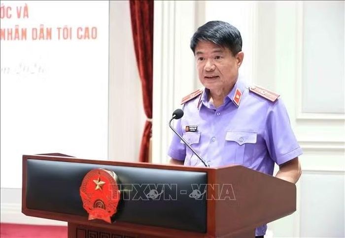 Đồng chí Nguyễn Huy Tiến, Ủy viên Trung ương Đảng, Viện trưởng Viện Kiểm sát nhân dân tối cao phát biểu. Ảnh: An Đăng/TTXVN