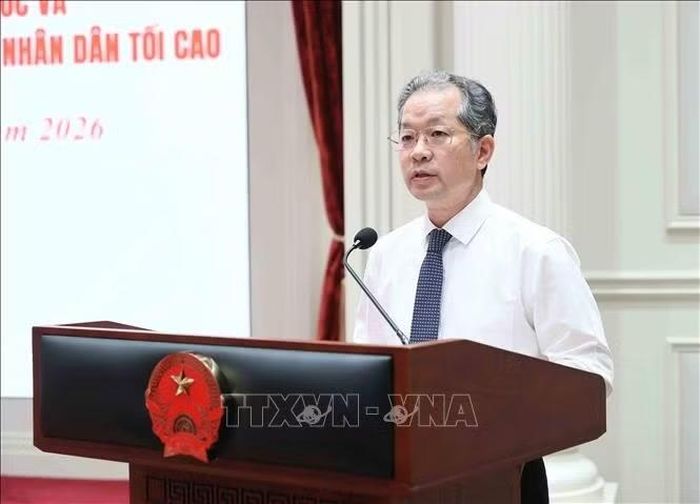 Bí thư Trung ương Đảng Nguyễn Văn Quảng, Chánh án Tòa án nhân dân Tối cao phát biểu. Ảnh: An Đăng/TTXVN