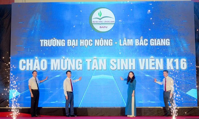 Các đồng chí trong Ban giám hiệu nhà trường tham dự ấn nút biểu trưng kết nối với sinh viên K16.