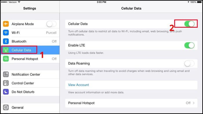 Bật dữ liệu di động trên iPad