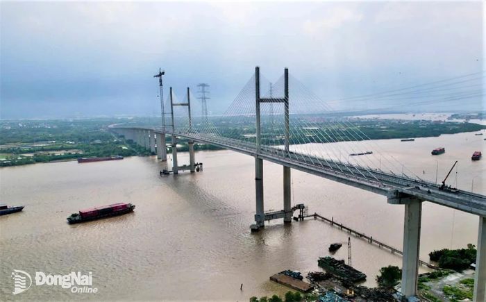 Cầu Phước Khánh vượt sông Lòng Tàu nối khu vực Cần Giờ (Thành phố Hồ Chí Minh) với Nhơn Trạch (thành phố Đồng Nai). Công trình dài hơn 3km, gồm 4 làn xe và 2 làn dừng khẩn cấp. Trong đó, phần cầu chính sử dụng kết cấu dây văng, nhịp chính dài 300m, 2 trụ tháp cao khoảng 155m. Tĩnh không thông thuyền của cầu được thiết kế cao 55m, thuộc nhóm công trình cao nhất Việt Nam, giúp tàu biển trọng tải hơn 30 ngàn tấn lưu thông trên sông Lòng Tàu. Ảnh: Phạm Tùng