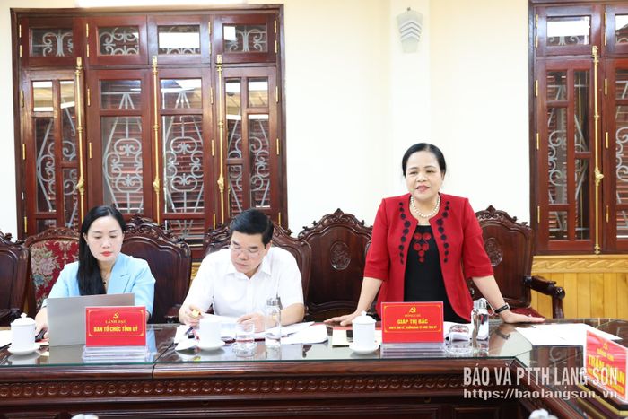 Đồng chí Giáp Thị Bắc, Ủy viên Ban Thường vụ Tỉnh ủy, Trưởng Ban Tổ chức Tỉnh ủy phát biểu tại buổi làm việc