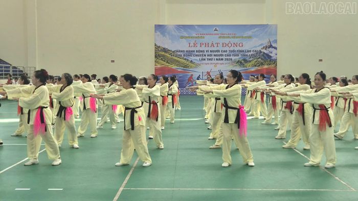 Các thành viên Câu lạc bộ Sức khỏe ngoài trời phường Yên Bái tham gia Lễ phát động Tháng hành động vì người cao tuổi tỉnh Lào Cai năm 2026.
