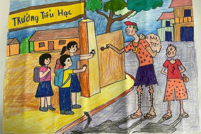 Bức tranh với nội dung phòng, chống ma túy do học sinh Trường Tiểu học Lê Đình Chinh (xã Trường Xuân) vẽ