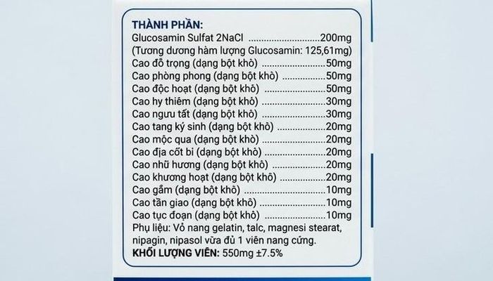 Thành phần trên bao bì sản phẩm cho thấy Glucosamin là chất có hàm lượng cao nhất. Nhưng kết quả kiểm nghiệm không phát hiện hoạt chất này. Ảnh: SYTQT.