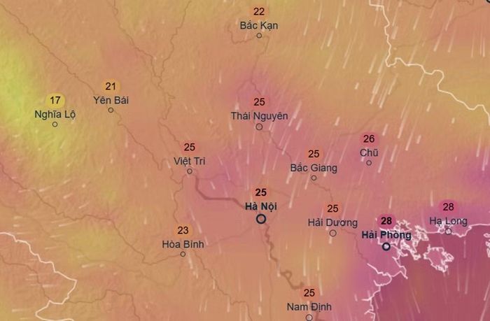 Dự báo nhiệt độ ở một số khu vực tại miền Bắc vào trưa, chiều ngày 5/10, khi có ảnh hưởng của đợt không khí lạnh mạnh hơn. Ảnh: Ventusky, ICON