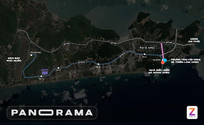  Trung tâm Hội nghị và Triển lãm APEC nằm trong tổ hợp rộng 16,06 ha, có tổng diện tích sàn 153.130 m2 và diện tích mái khoảng 52.000 m2. Công trình kết nối với sân bay Phú Quốc qua tuyến ĐT975 và tuyến đường sắt đô thị nhẹ (LRT) trong tương lai. Đồ họa: Phan Nhật. 