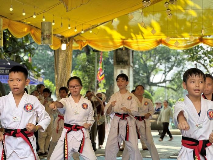 Các em biểu diễn võ thuật truyền thống trước sân đền Thiên Trường