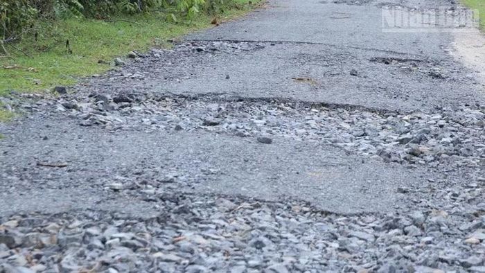Mặt đường chi chít ổ gà, bong tróc, đá dăm trồi lên, khiến việc đi lại của người dân rất khó khăn. (Ảnh: NGUYỄN TRUNG)