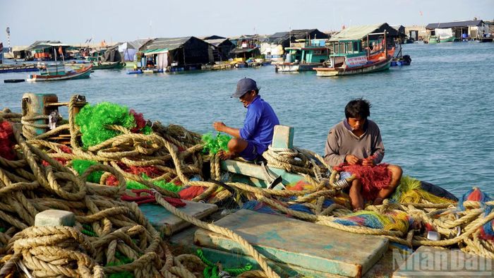  Ngư dân﻿ chuẩn bị lưới trước khi ra khơi. 