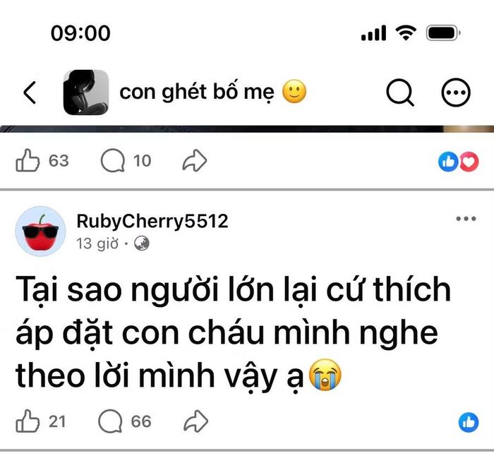 Một bài viết được cho là của một đứa trẻ trên nhóm "Con ghét bố mẹ". Ảnh: Chụp màn hình