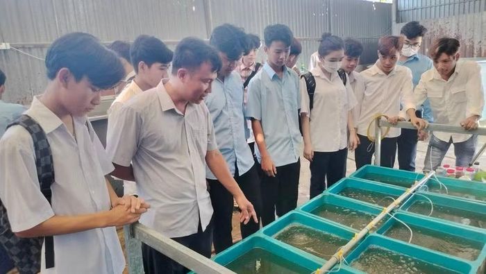 Tiết thực hành nghề nuôi trồng thủy sản tại Trường Cao đẳng Cà Mau.