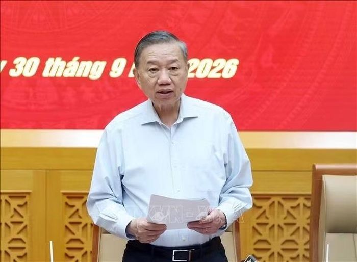 Tổng Bí thư, Chủ tịch nước Tô Lâm, Bí thư Quân ủy Trung ương phát biểu. Ảnh: TTXVN