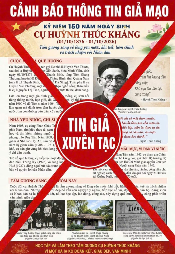 Tờ rơi kỷ niệm 150 năm Ngày sinh cụ Huỳnh Thúc Kháng được cảnh báo không phải ấn phẩm tuyên truyền chính thức.