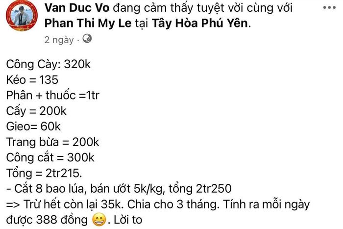 Anh Đức chia sẻ chỉ lời 35.000 đồng sau khi thu hoạch 2 sào lúa. Ảnh chụp màn hình