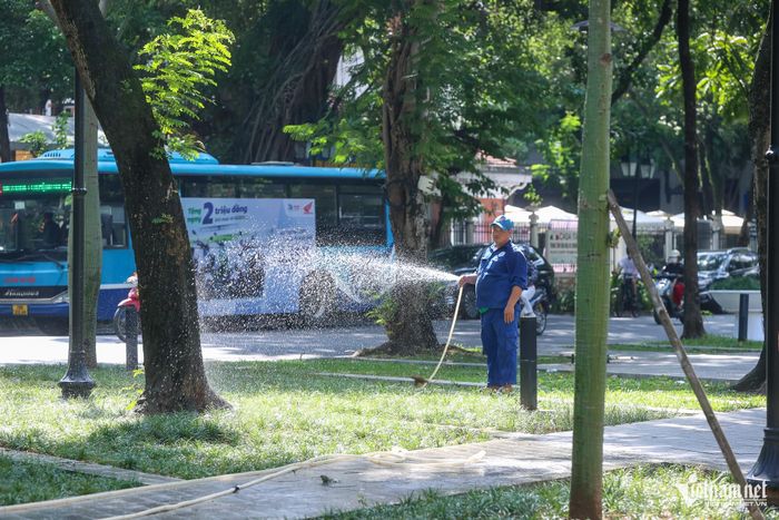 Trời oi, nóng, độ ẩm thấp nên từ sáng sớm công nhân công ty cây xanh đã tranh thủ tưới cây tại các tiểu cảnh, vườn hoa, công viên.