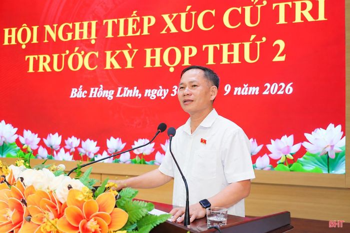 Đại biểu Trần Đình Gia - Phó Trưởng đoàn chuyên trách Đoàn ĐBQH tỉnh phát biểu tại hội nghị tiếp xúc cử tri.