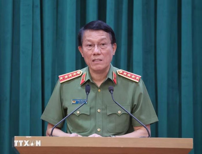 Đại tướng Lương Tam Quang, Ủy viên Bộ Chính trị, Bí thư Đảng ủy Công an Trung ương, Bộ trưởng Bộ Công an phát biểu. (Ảnh: Thống Nhất/TTXVN)