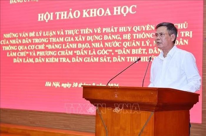 Đồng chí Trần Thắng, Ủy viên Ban Thường vụ Đảng ủy MTTQ, các đoàn thể Trung ương, Phó Chủ tịch Ủy ban Trung ương MTTQ Việt Nam phát biểu. Ảnh: Minh Đức/TTXVN