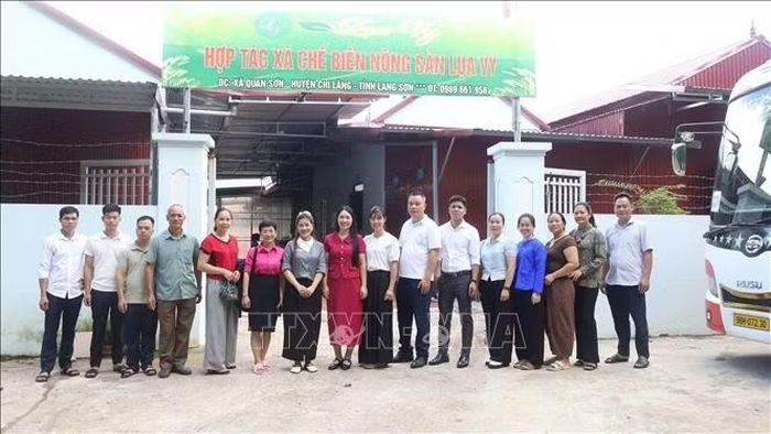 Các đại biểu tham quan HTX Chế biến nông sản Lụa Vy, xã Quan Sơn, tỉnh Lạng Sơn. Ảnh: TTXVN phát