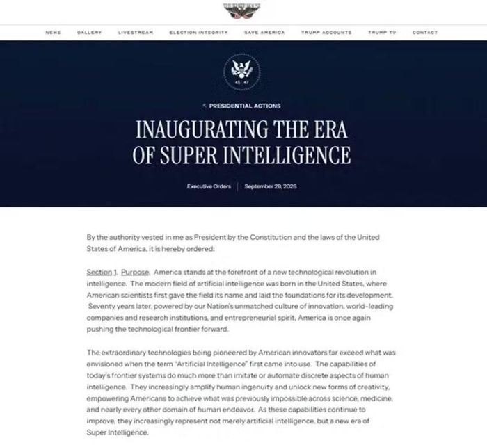 Sắc lệnh "Initiating the Era of Super Intelligence" do Tổng thống Trump ký ngày 29/9. Ảnh: @WhiteHouse.