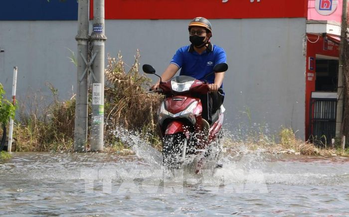 Đường bị ngập do triều cường gây khó khăn cho người dân trong việc di chuyển. Ảnh: Hồng Thái - TTXVN