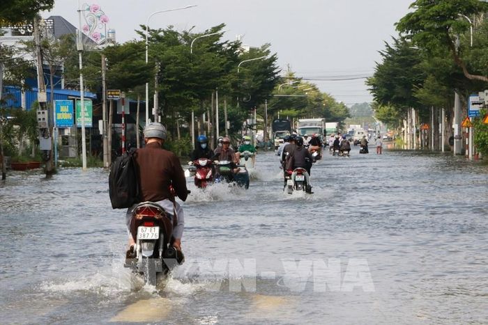 Một đoạn đường Nguyễn Sinh Sắc (phường Sa Đéc, tỉnh Đồng Tháp) bị ngập do triều cường. Ảnh: Hồng Thái - TTXVN