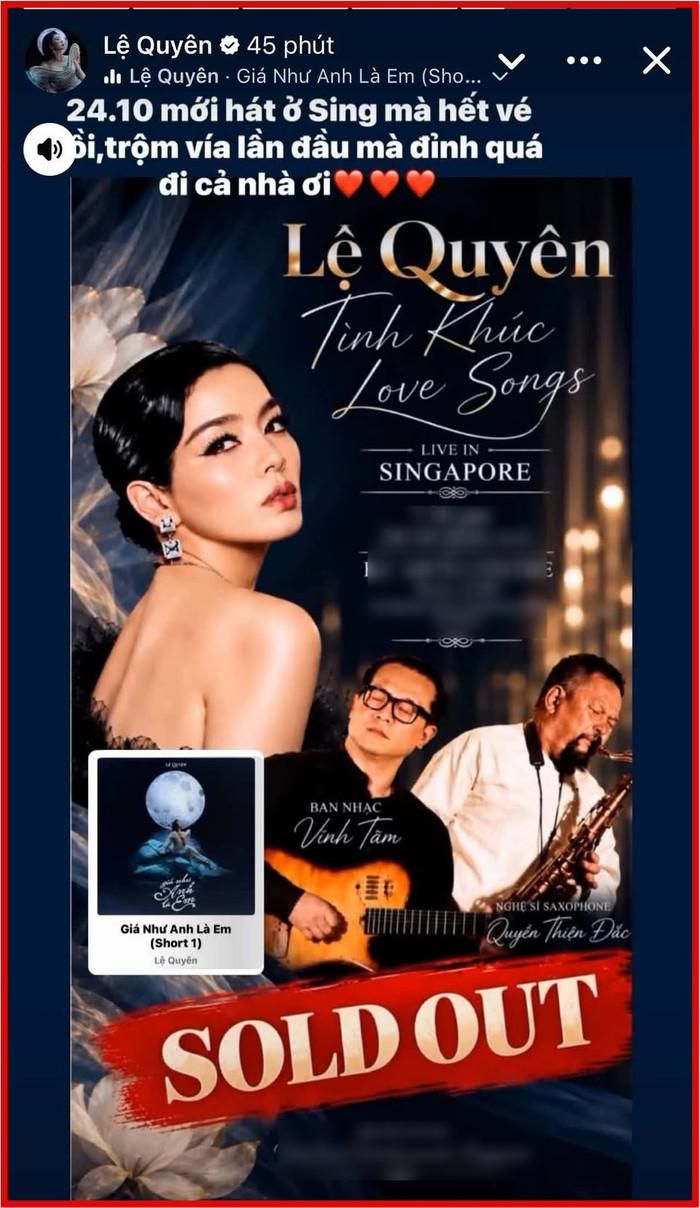 Lệ Quyên xúc động khi lần đầu tổ chức đêm nhạc tại Singapore nhưng đã bán sạch vé trước 1 tháng diễn ra.