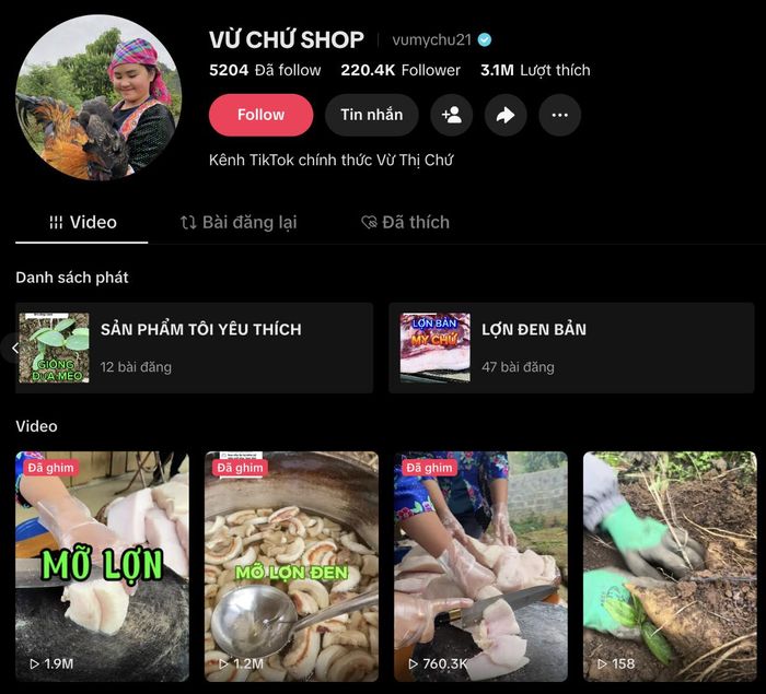 Kênh TikTok của chị Vừ Thị Chứ.