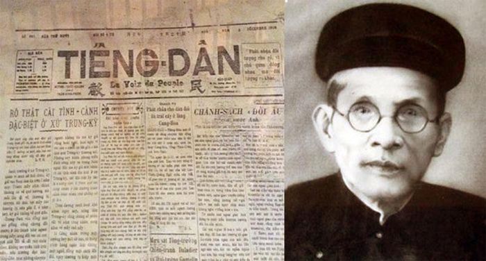 Cụ Huỳnh Thúc Kháng với tờ báo Tiếng Dân. Ảnh tư liệu.