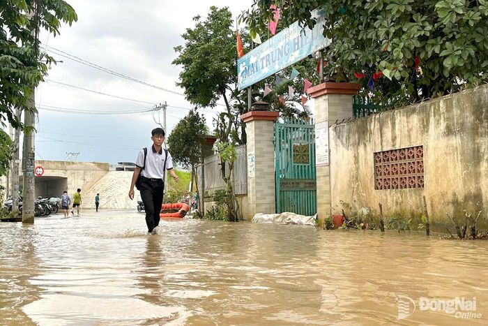 Nước sông Buông dâng cao và bắt đầu tràn vào khu vực khu phố Hương Phước, phường Phước Tân từ trưa ngày 30-9. Ảnh: CTV