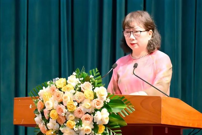 Giám đốc Sở Nội vụ Phạm Thị Tố Hải trình bày tờ trình và dự thảo Nghị quyết quy định mức phụ cấp đối với chức danh người hoạt động không chuyên trách ở thôn, tổ dân phố. Ảnh: Đức Thụy