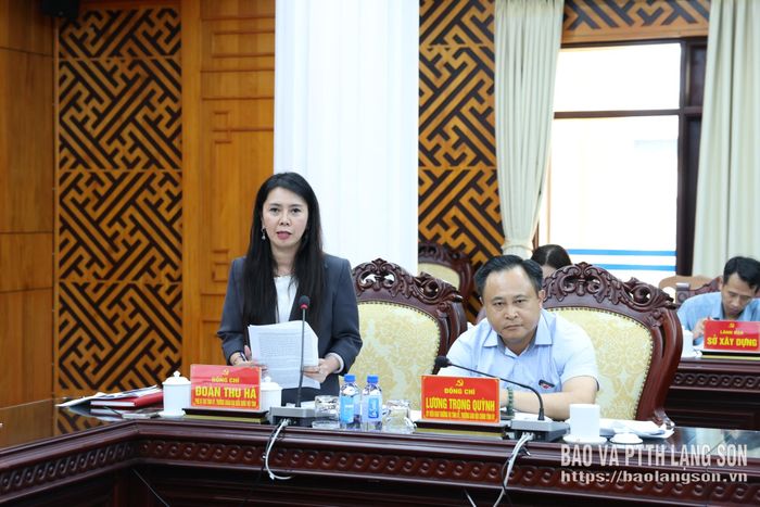 Đồng chí Đoàn Thu Hà, Phó Bí thư Tỉnh ủy, Trưởng Đoàn đại biểu Quốc hội tỉnh phát biểu ý kiến tại phiên họp