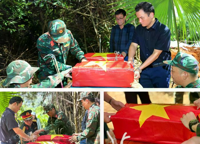Thực hiện nghi lễ phủ Quốc kỳ lên hài cốt liệt sĩ.