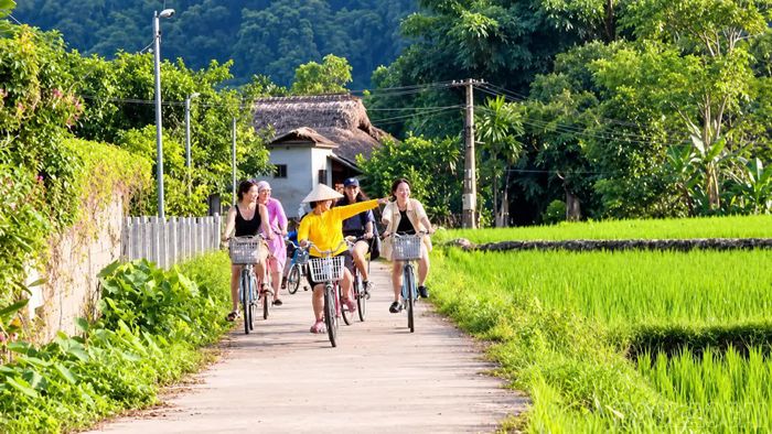 Du khách trải nghiệm đạp xe ngắm cảnh thiên nhiên ở Lâm Thượng.