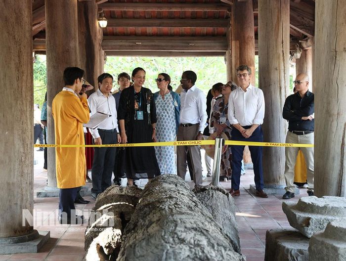Đoàn đại biểu tham quan những hiện vật khảo cổ được trưng bày tại đình Tam Chúc.