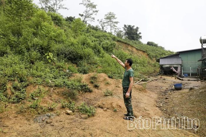 Gia đình ông Bùi Văn Hiện ở thôn Hợp Tiến nơm nớp với nỗi lo sạt lở đất ngay phía sau nhà.