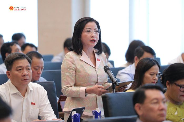 ĐBQH Nguyễn Thị Thu Nguyệt (Đắk Lắk) phát biểu tại hội nghị. Ảnh: Hồ Long