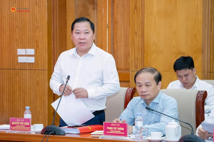 Phó Bí thư Thường trực Đảng ủy Mặt trận Tổ quốc, các đoàn thể Trung ương, Phó Chủ tịch Ủy ban Trung ương Mặt trận Tổ quốc Việt Nam Nguyễn Phi Long phát biểu tại hội nghị