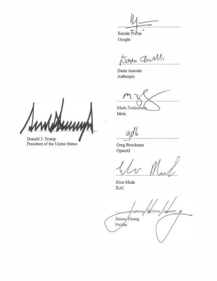 Chữ ký của Tổng thống Mỹ Donald Trump và các CEO công nghệ. Ảnh: X/@DavidSacks